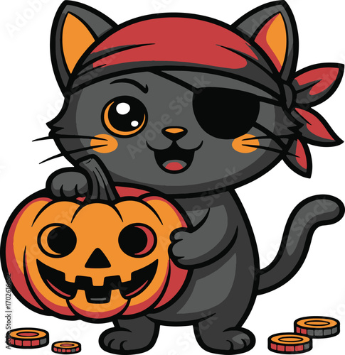 Cute Cartoon Black Cat Pirate Character With Jack O Lantern For Halloween