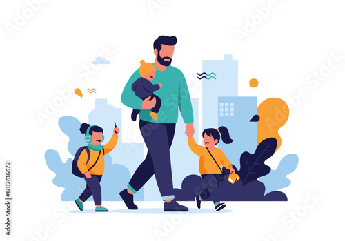 Father walking with his three children in a city environment showing family bonding and parenting activities