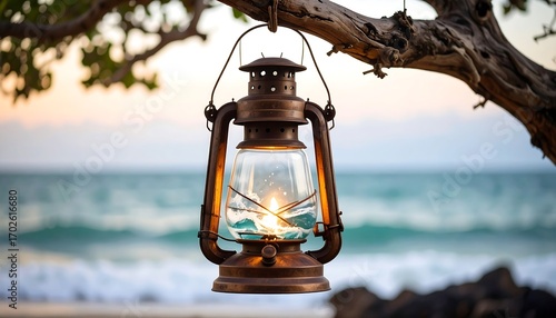 Fototapeta Naklejka Na Ścianę i Meble -  Antique Lantern Hanging From Branch Near Ocean at Sunset