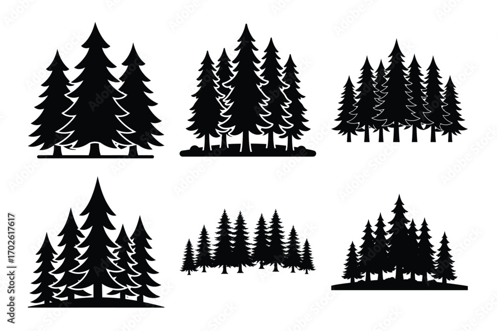 Obraz premium Pine forest vector icon set black color and white background