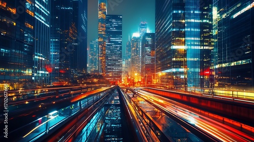 Vibrant chicago skyline glowing with lights reflecting on water at night picture