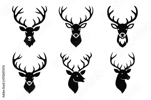 Reindeer head vector icon set black color and white background