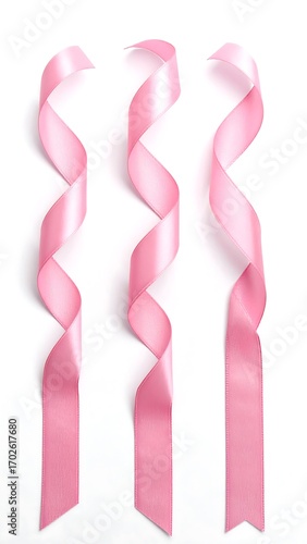 Three pink ribbons spiraling on white background