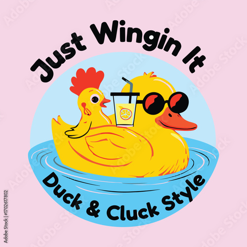 Yellow duck and chicken with sunglasses and drink lemonade