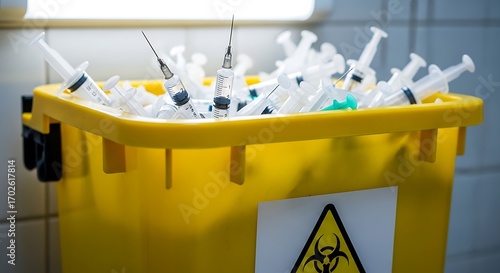 Yellow Sharps Container Filled with Used Syringes.