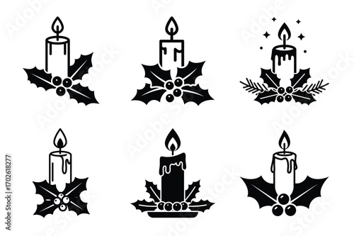 Candle with holly vector icon set black color and white background