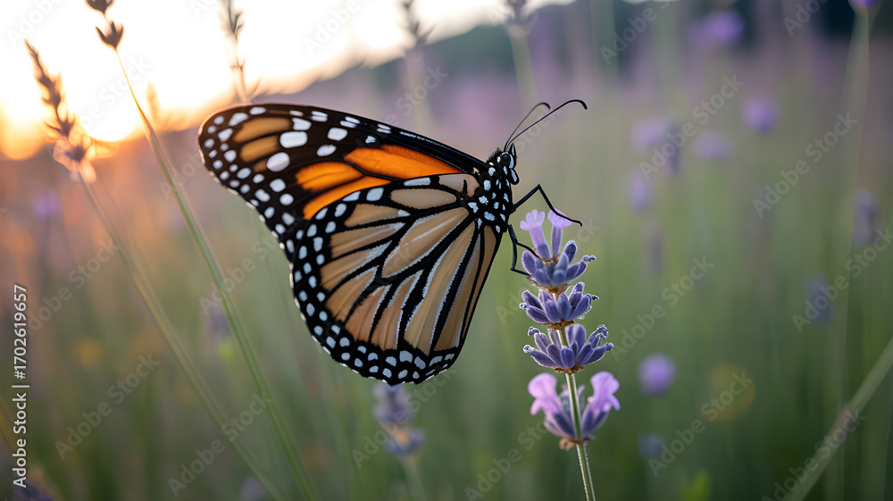 Naklejka premium Monarch butterfly drinking nectar from lavender flower at sunset