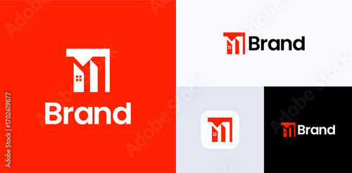 Modern home construction, Logo icon design vector illustration or symbol initial letter M integrated with house building architecture for interior property, real estate and brand identity business