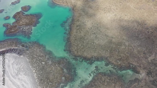 Fantastic panoramic view of Serrambi beach with coral reefs, natural swimming pools in the sea, white sand and palm trees. Serrambi near Recife in Pernambuco State, Brazil 