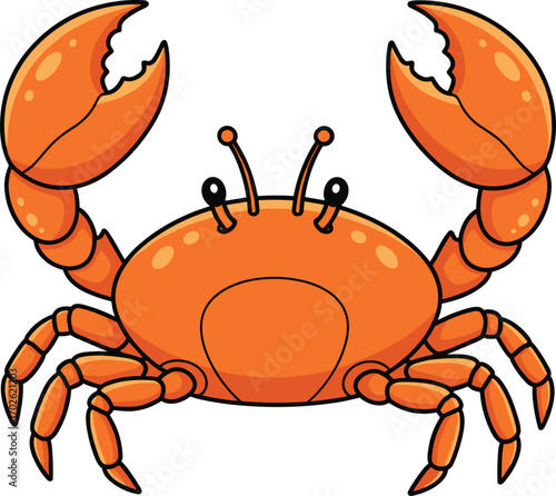 Cartoon crab with raised claws, bright orange sea creature clipart, marine animal icon, vector illustration, isolated, cad drawing flat vector illustration
