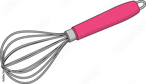 Kitchen whisk with pink handle, cooking and baking utensil icon, cad drawing flat vector illustration for culinary design