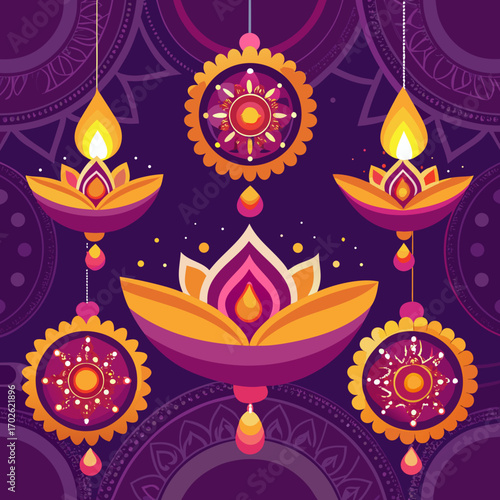 Decorative hanging diyas and lanterns for diwali celebration