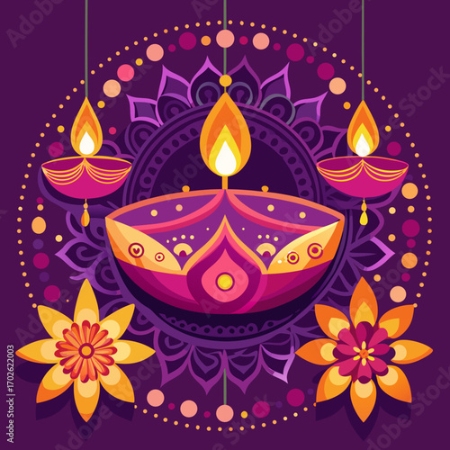 Diwali diyas and rangoli decoration for festival of lights celebration