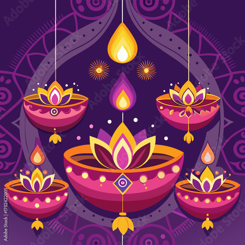 Diwali diyas and lanterns in vibrant colors on purple background