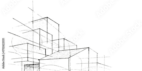 Abstract architectural blueprint of a building structure with white lines