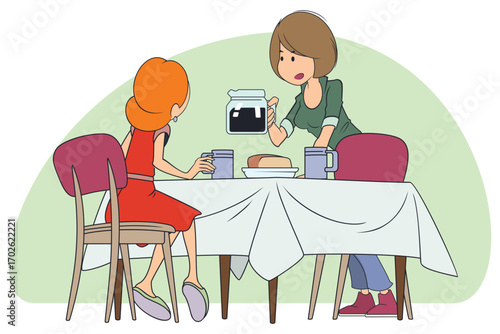Family having breakfast at table.