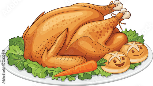 Roasted turkey on platter with garnish, festive holiday meal clipart, Thanksgiving dinner element, vector illustration, isolated, cad drawing flat vector illustration