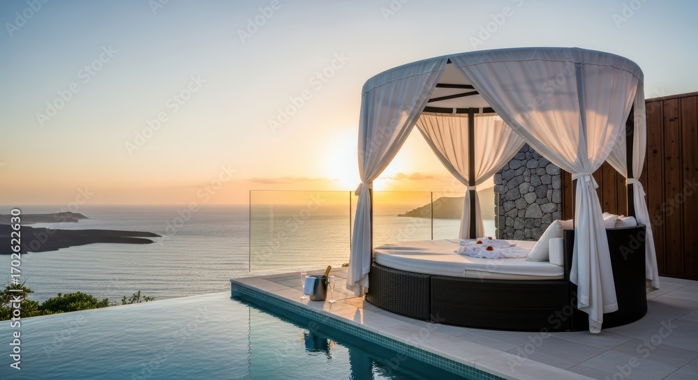 Obraz premium stunning luxury daybed and infinity pool with a beautiful ocean sunset