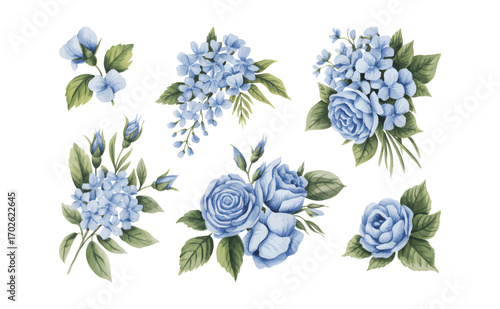 Blue watercolor hydrangea bouquet with leaves. Watercolor rose bouquet cluster with foliage.