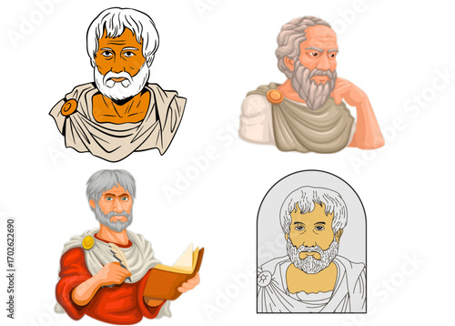 Four stylized portraits of the ancient Greek philosopher Plato.