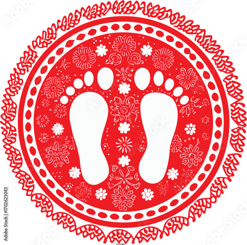 Red circular design with white footprints and floral patterns