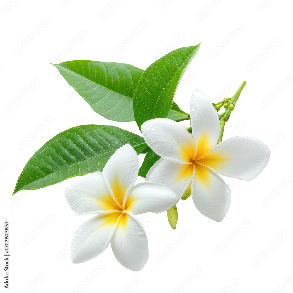 Naklejka premium Plumeria flower, Tropical Elegance The Fragrant Beauty and Graceful Bloom of the Plumeria Flower, isolated on transparent background