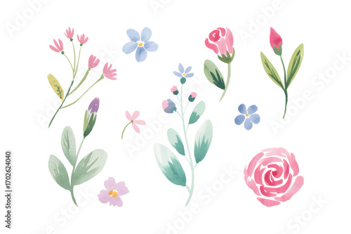 Watercolor botanical set of multi-color flowers and foliage decorative elements