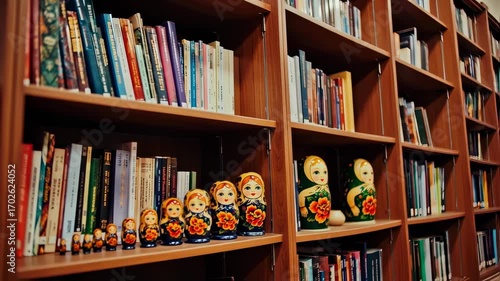 Wooden bookshelves filled with books and Russian nesting dolls