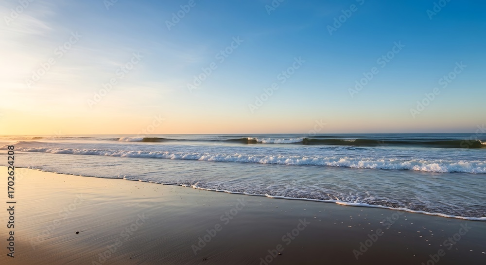 Fototapeta premium Sunrise Beach Scene with Gentle Waves.