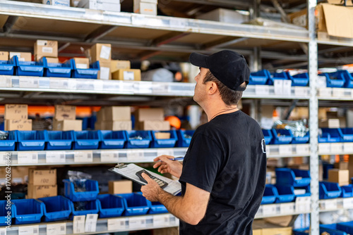Warehouse worker checks inventory in storage area. A man in a black shirt inspects shelves filled with boxes and blue bins in a warehouse during daylight hours.
