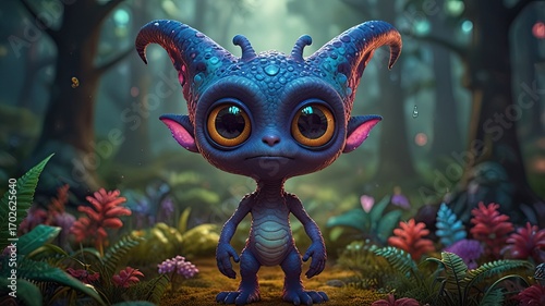 Fantasy alien in the forest. 3D illustration. Fantasy scene.