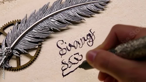 Ornate metal feather, gears, and a hand writing on aged paper