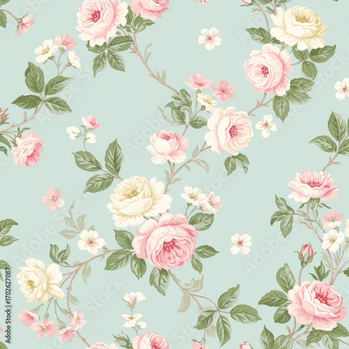 Seamless Pastel Pink and White Roses Floral Pattern flowers leaves green teal background design repeat texture wallpaper fabric print