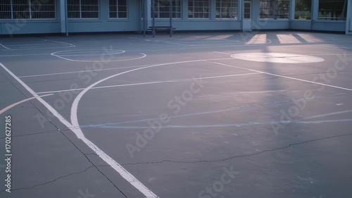 Outdoor gray basketball court with faded lines