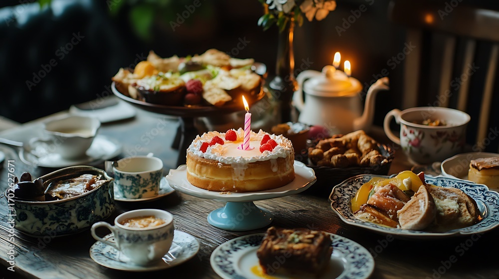 Naklejka premium Birthday Cake with Candle, Raspberries, Table Setting, Tea Cups, Sweets, and Teapot
