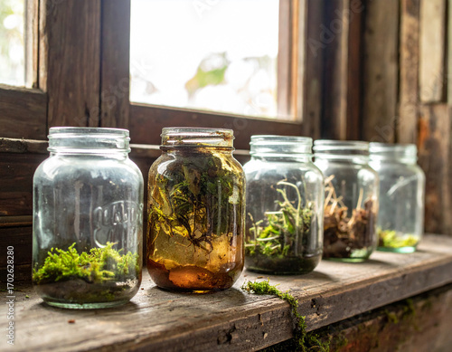 Vintage Mason Jars on Florida Farmhouse Windowsill - Southern Preservation