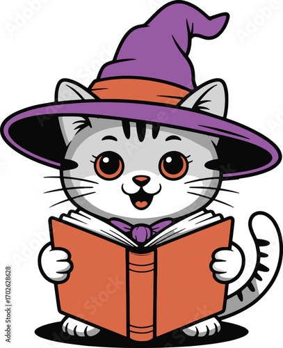 Halloween cat reading book