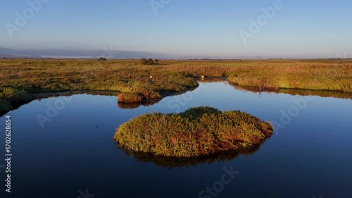 Natural area of ​​salt marshes in El Carmolí, Mar Menor, Region of Murcia, with golden morning light