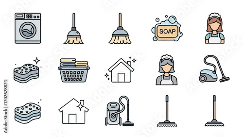 House Cleaning Vector Icons Set Collection of Home Chores and Cleaning Tools Symbols