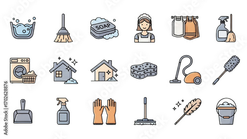 House Cleaning Vector Icons Set Collection of Home Chores and Cleaning Tools Symbols