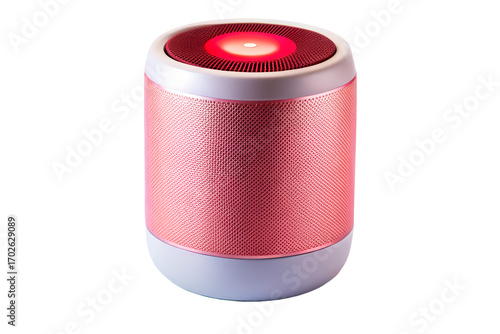 Sparkling red light cylinder speaker isolated on white background