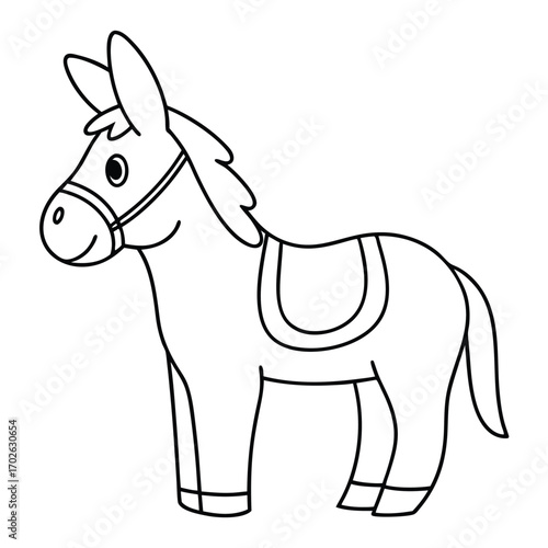 A minimalist hand drawn line art illustration of a donkey with a saddle