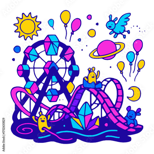 Futuristic Surreal Vector Carnival with Neon Rollercoaster and Alien Characters
