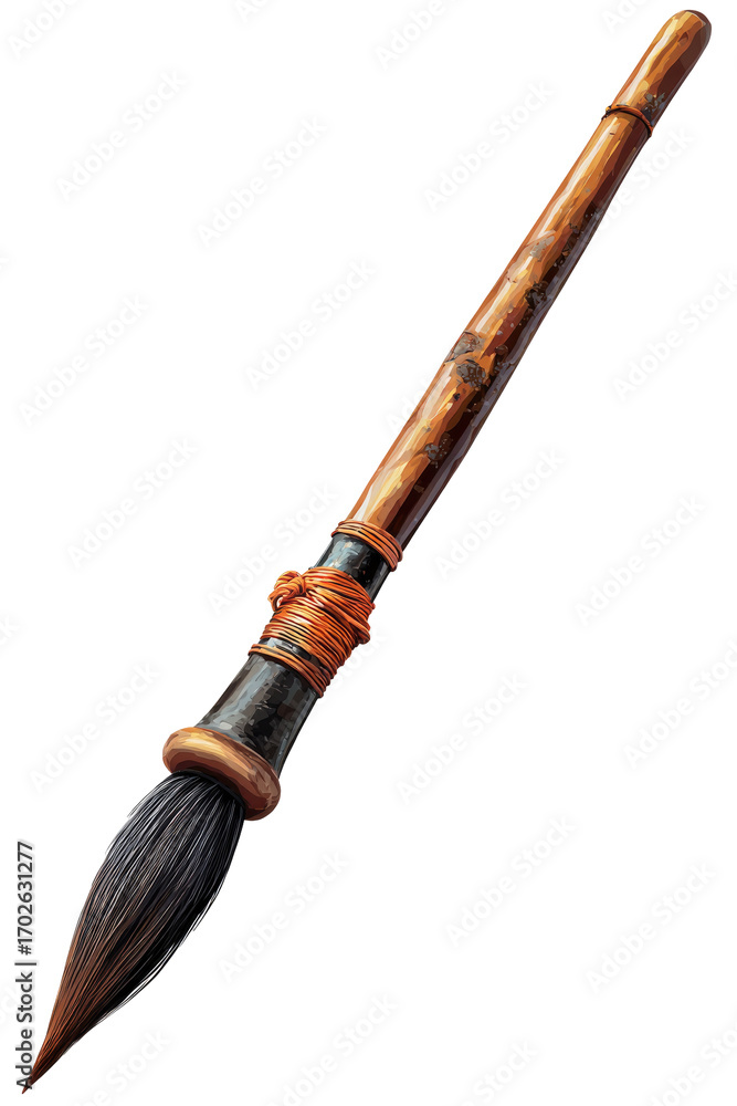 Naklejka premium A long, angled brush with a wooden shaft. A dark, pointed brush tip. Wrappings around the handle