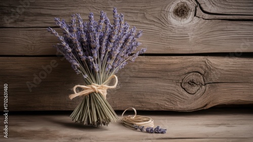 Ai generated image of a rustic bunch of dried lavender tied with twine sits on a weathered wooden surface, with a single sprig detached