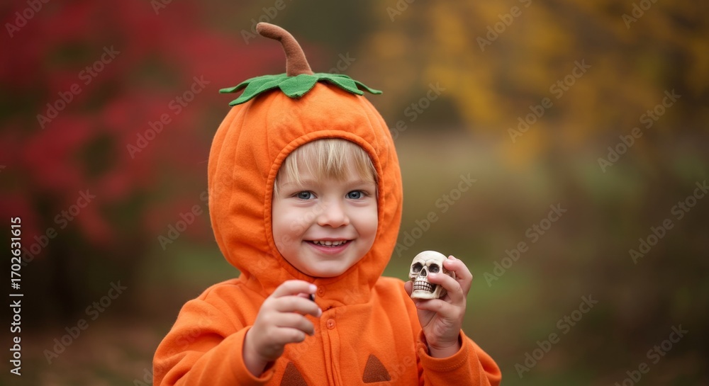 Smiling child in pumpkin costume holding skull, halloween, kids having fun Smiling child in pumpkin costume holding skull, halloween, kids having fun