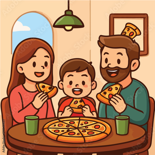 Cute cartoon family eating pizza in restaurant