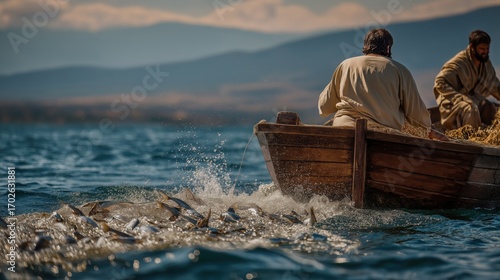 Dawn on the Sea of Galilee: Peter and John strain together, pulling heavy nets filled with fish, golden light reflecting on rippling water, symbolizing faith, labor, and divine blessing.