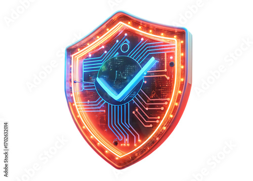 Neon cyber shield checkmark isolated on a transparent background
