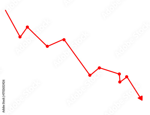 Red downward trending line graph with dots isolated on transparent background